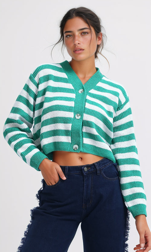 O200309 - Feminine Long Sleeves Short Cardigan - Green & White