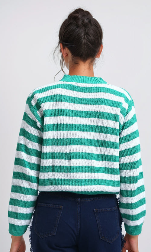 O200309 - Feminine Long Sleeves Short Cardigan - Green & White