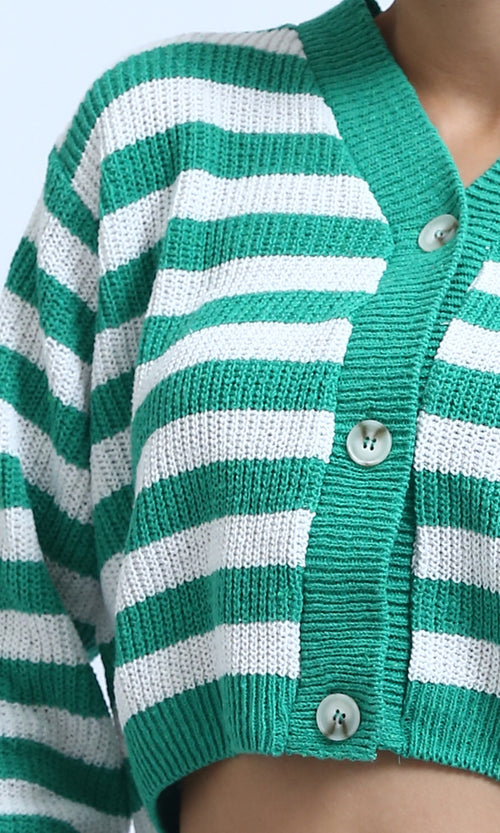 O200309 - Feminine Long Sleeves Short Cardigan - Green & White