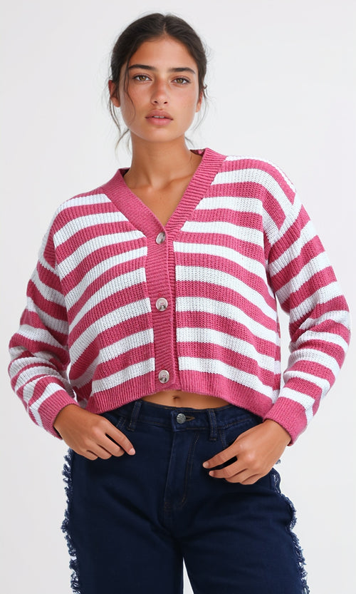 O200310 - Long Sleeves Cropped Cardigan - Fushia & White