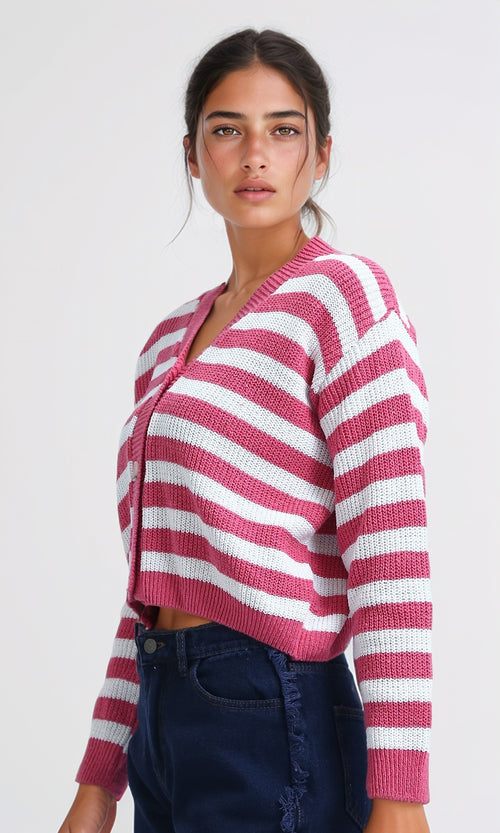 O200310 - Long Sleeves Cropped Cardigan - Fushia & White