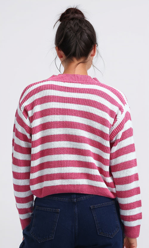 O200310 - Long Sleeves Cropped Cardigan - Fushia & White