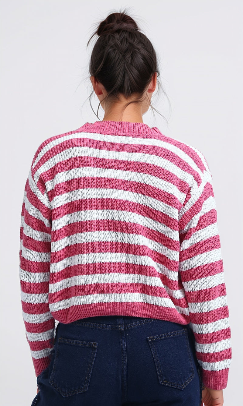 O200310 - Long Sleeves Cropped Cardigan - Fushia & White