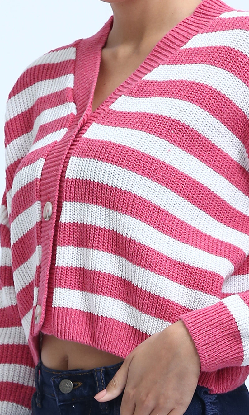 O200310 - Long Sleeves Cropped Cardigan - Fushia & White