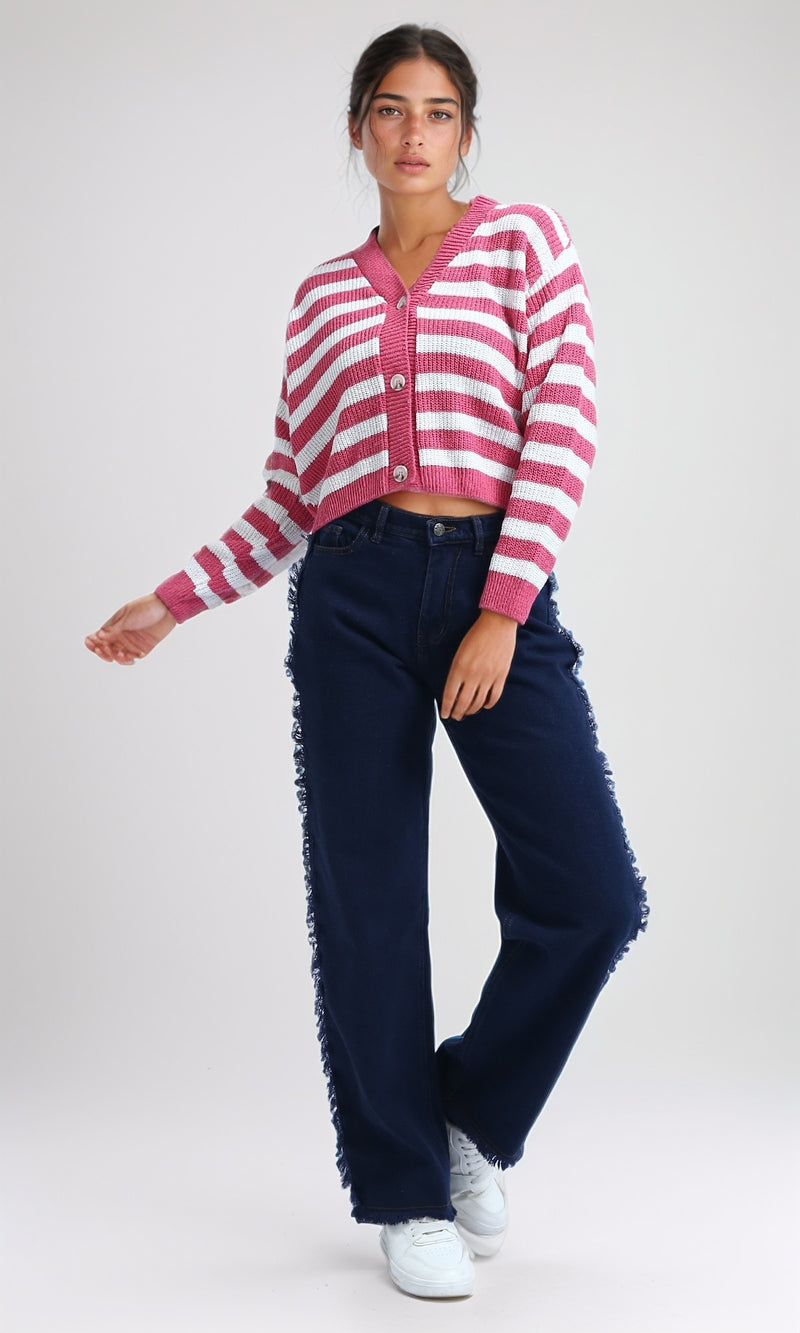 O200310 - Long Sleeves Cropped Cardigan - Fushia & White