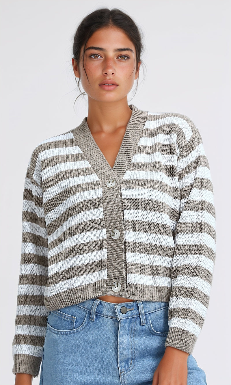O200311 - Knitted Winter Cardigan - Beige & White