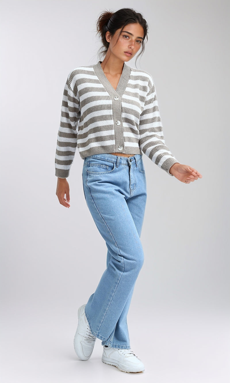 O200311 - Knitted Winter Cardigan - Beige & White