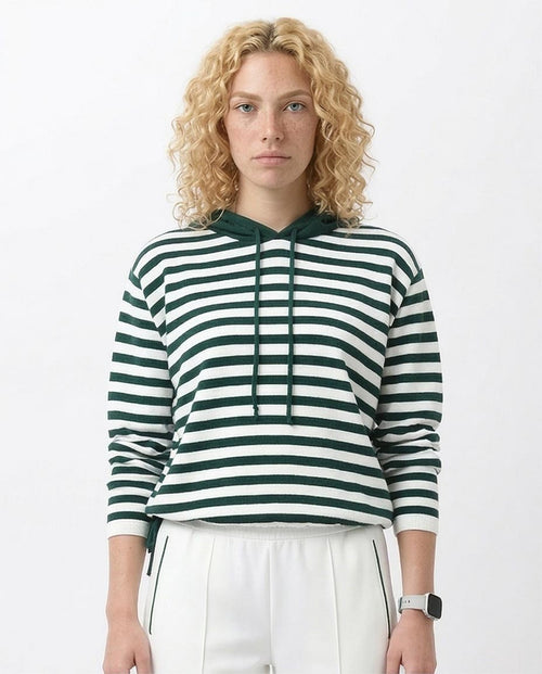 Ravin Women's Striped Knit Relaxed Hoodie with Adjustable Hem – Forest Green & White - O200384