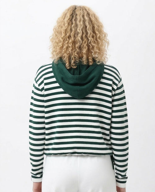 Ravin Women's Striped Knit Relaxed Hoodie with Adjustable Hem – Forest Green & White - O200384