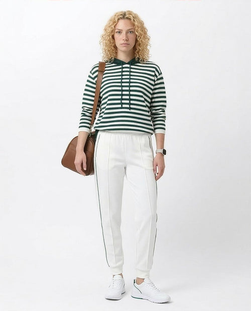 Ravin Women's Striped Knit Relaxed Hoodie with Adjustable Hem – Forest Green & White - O200384