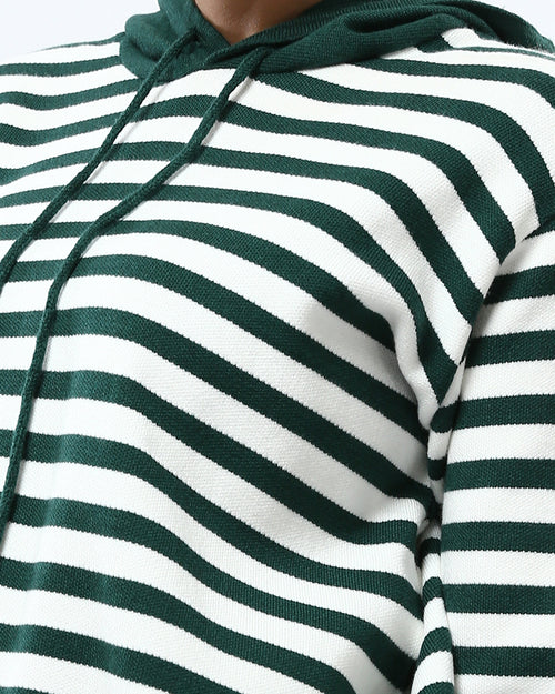 Ravin Women's Striped Knit Relaxed Hoodie with Adjustable Hem – Forest Green & White - O200384