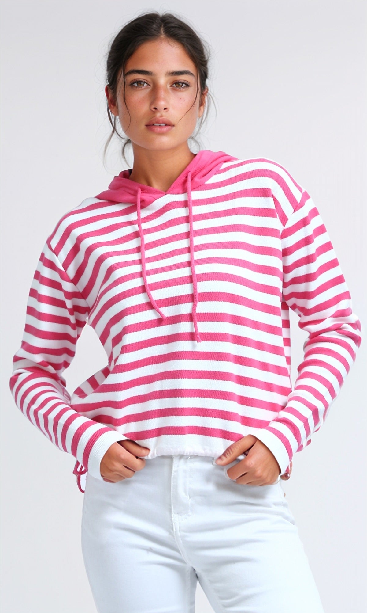 O200385 Winter Striped Long Sleeves Hooded Pullover - Fuchsia & White