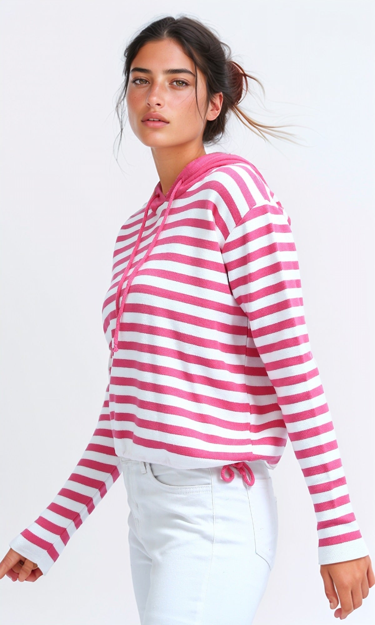 O200385 Winter Striped Long Sleeves Hooded Pullover - Fuchsia & White