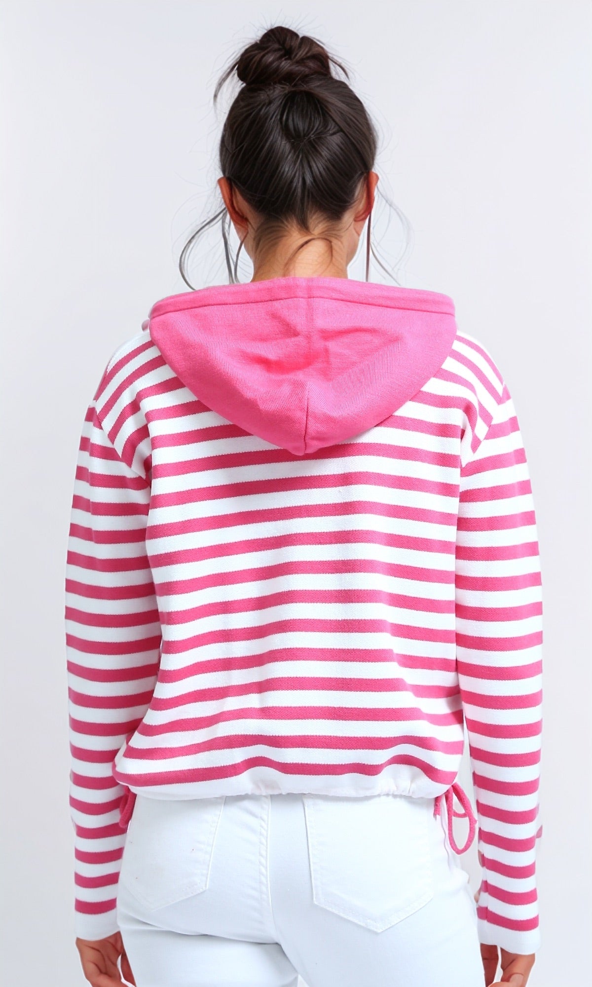 O200385 - Winter Striped Long Sleeves Hooded Pullover - Fuchsia & White