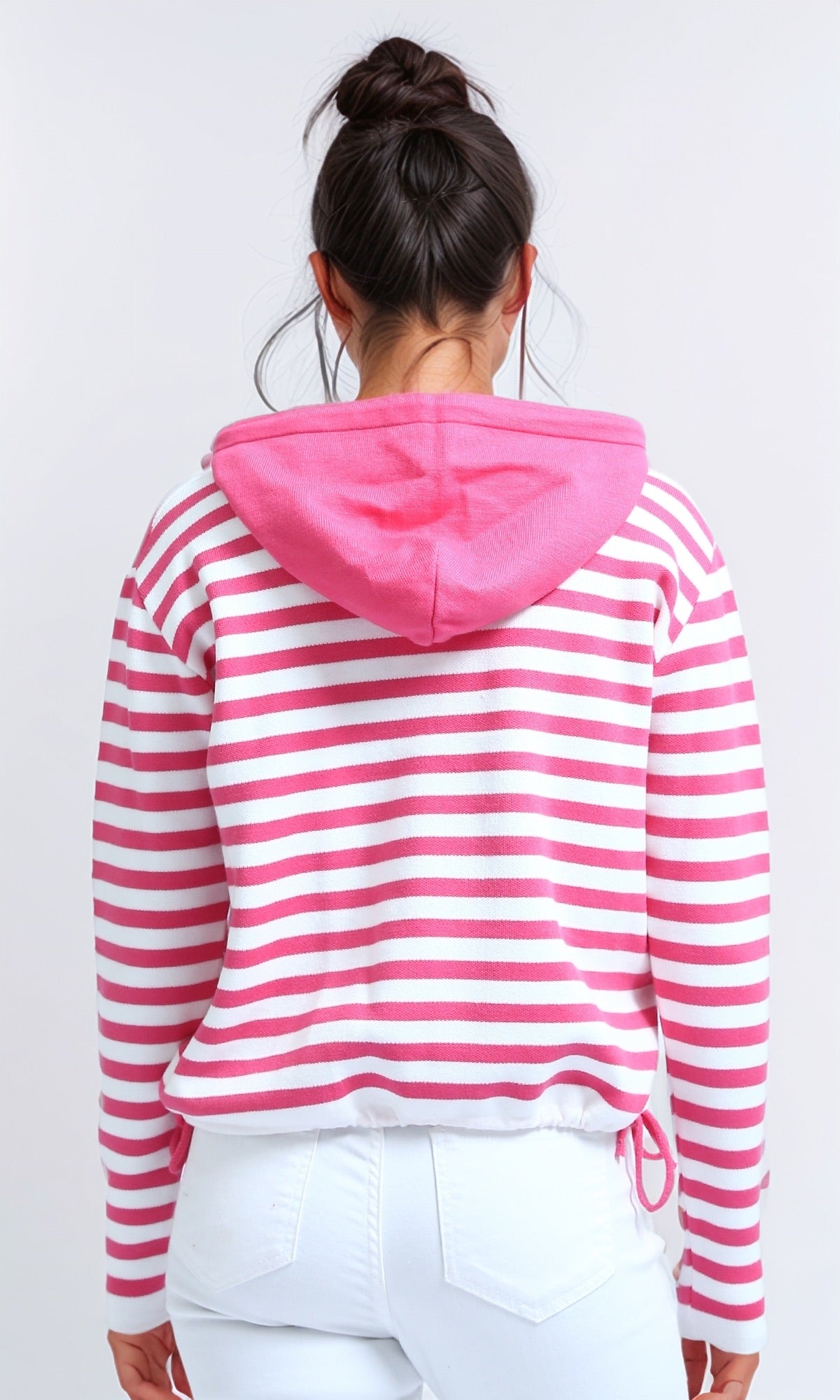 O200385 Winter Striped Long Sleeves Hooded Pullover - Fuchsia & White