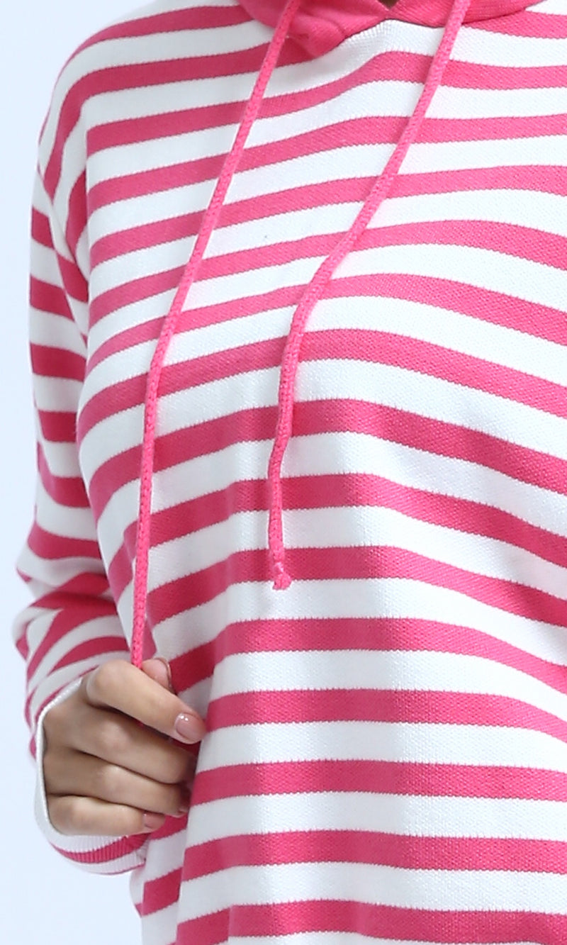 O200385 - Winter Striped Long Sleeves Hooded Pullover - Fuchsia & White