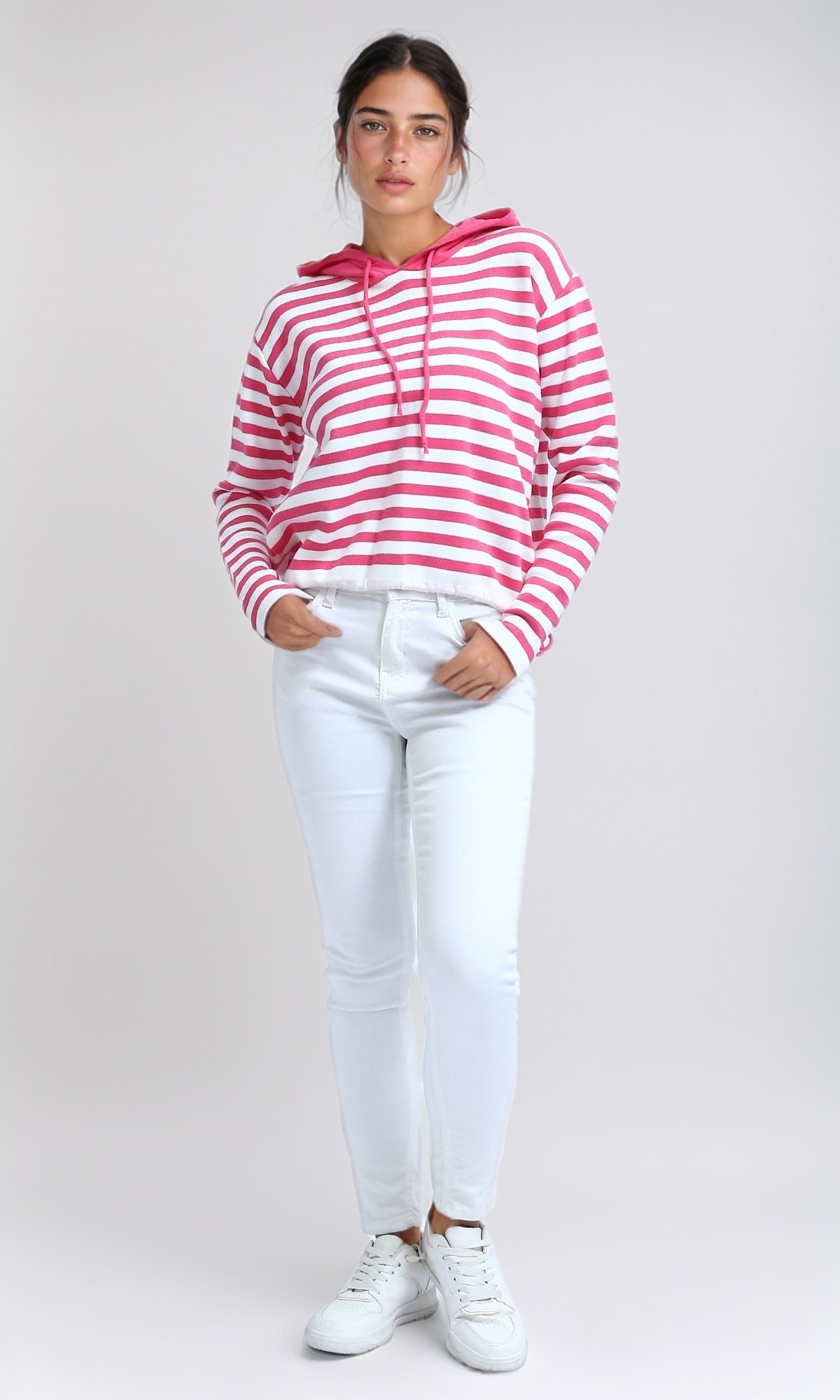 O200385 Winter Striped Long Sleeves Hooded Pullover - Fuchsia & White