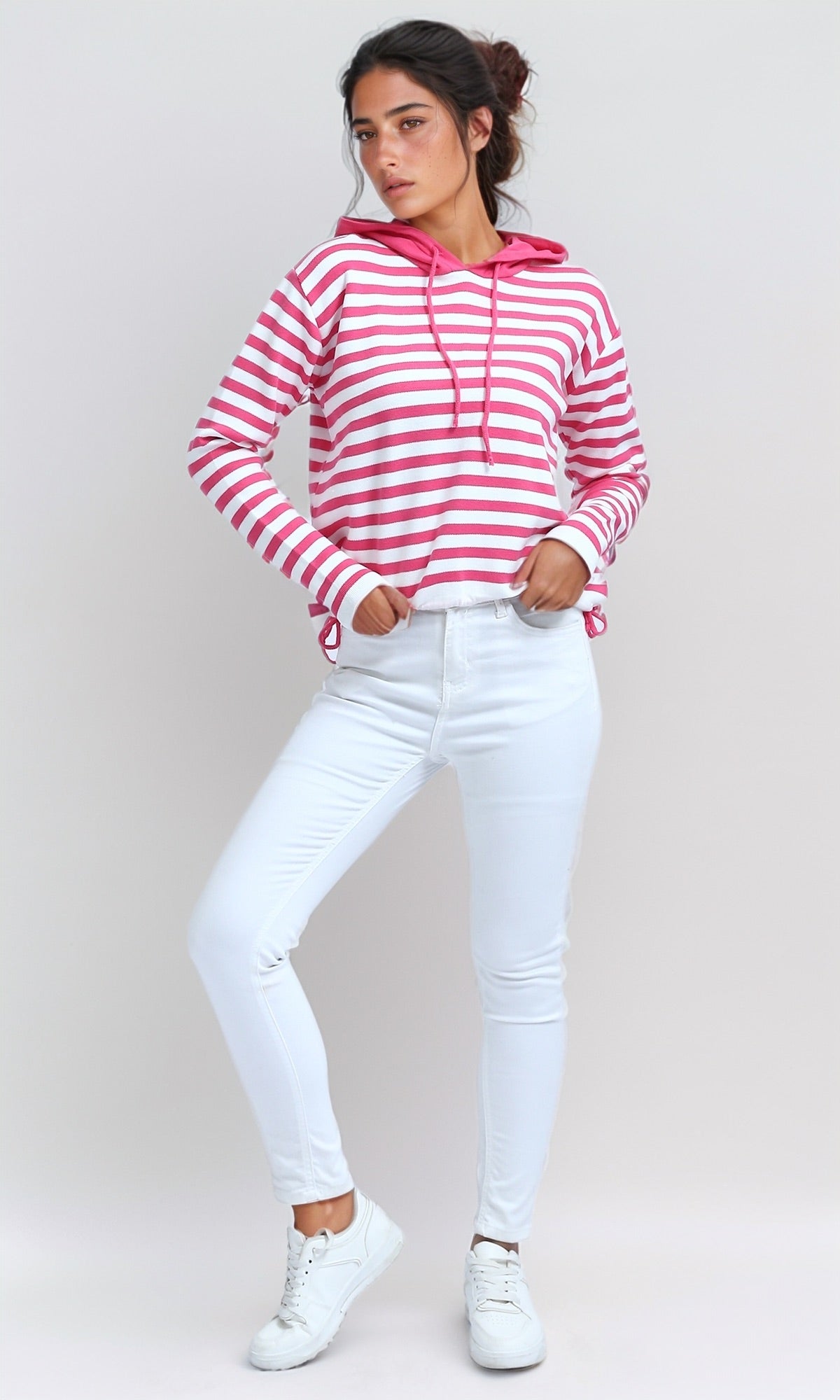 O200385 Winter Striped Long Sleeves Hooded Pullover - Fuchsia & White