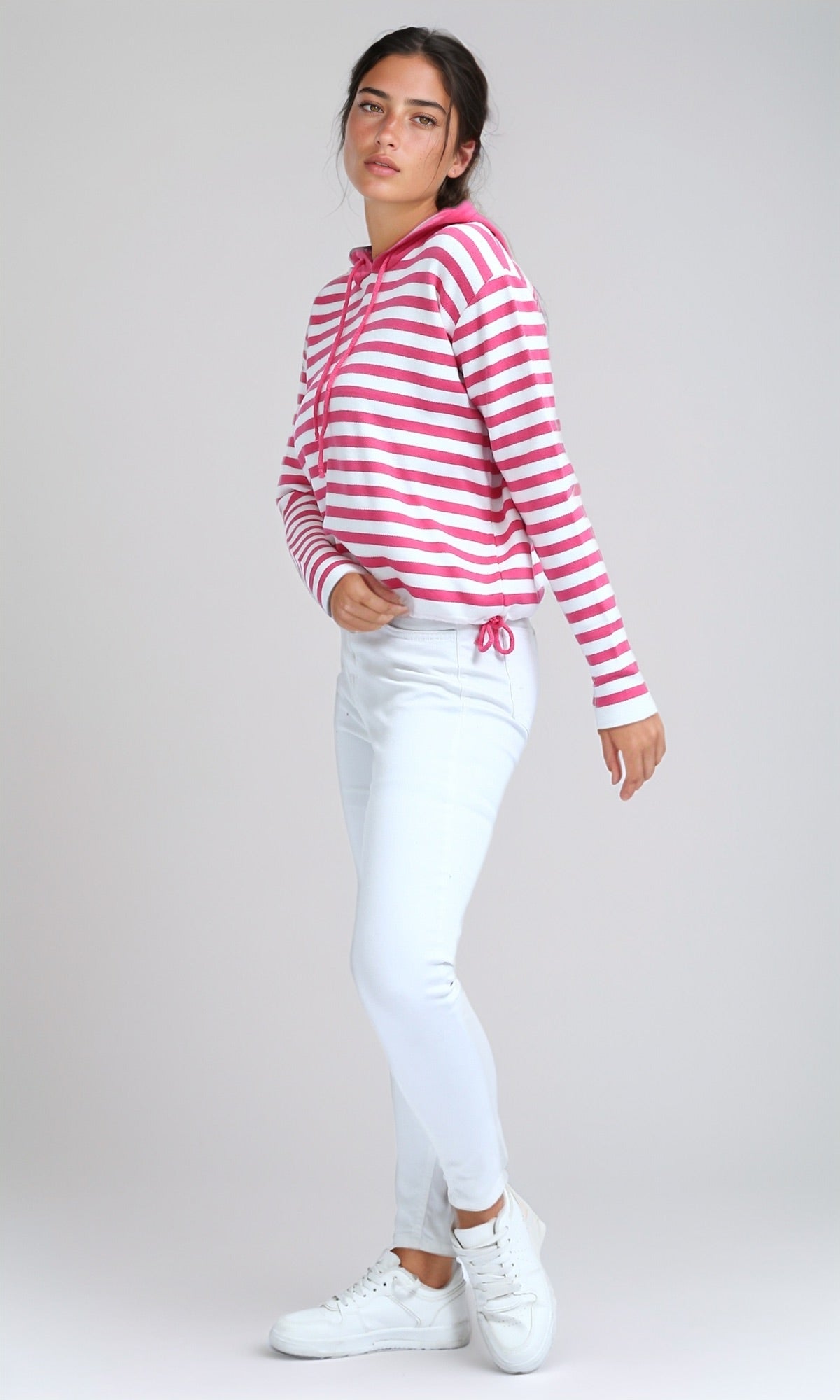 O200385 Winter Striped Long Sleeves Hooded Pullover - Fuchsia & White