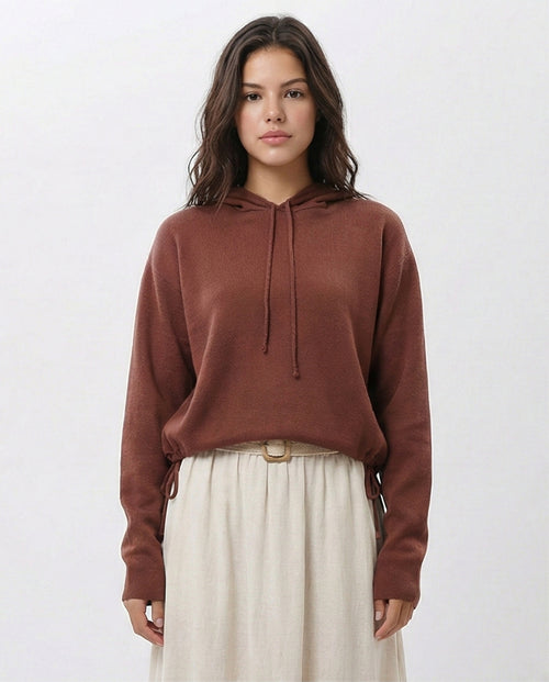 Terracotta Cinched-Hem Fine Knit Hoodie - O200388