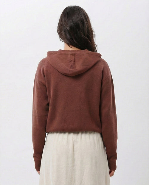 Terracotta Cinched-Hem Fine Knit Hoodie - O200388