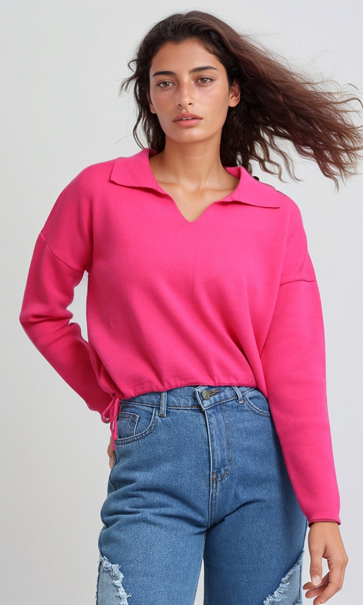 O200392 V-Neck Long Sleeves Solid Pullover - Fuchsia