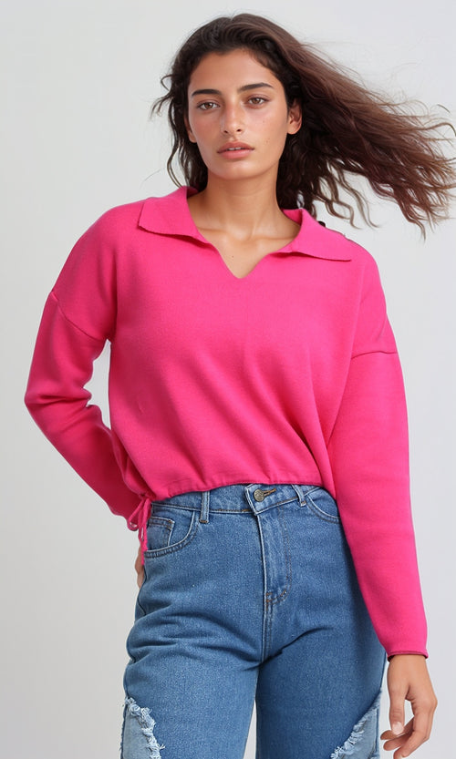 O200392 - V-Neck Long Sleeves Solid Pullover - Fuchsia