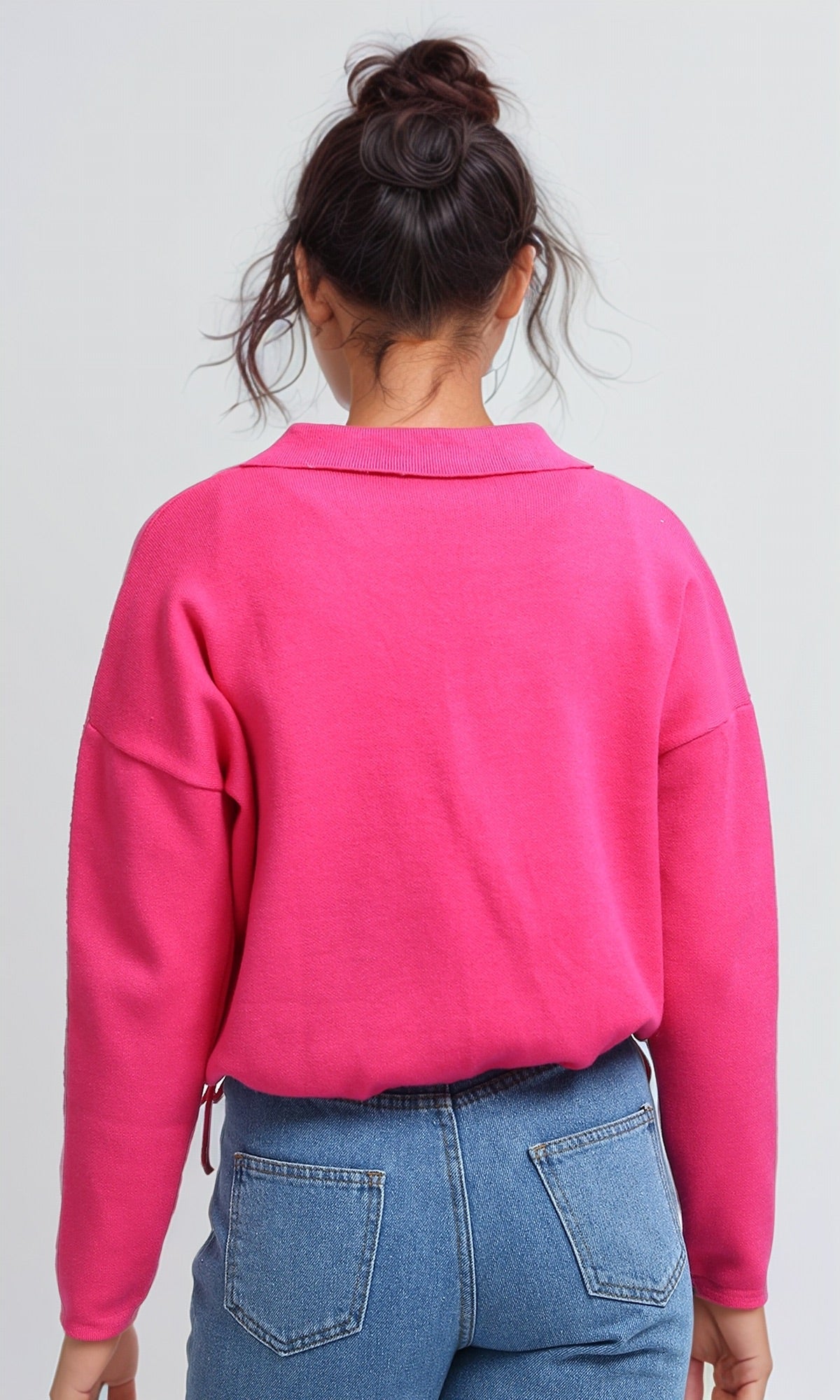 O200392 V-Neck Long Sleeves Solid Pullover - Fuchsia