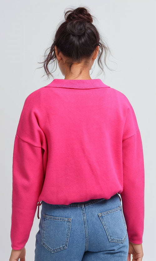 O200392 - V-Neck Long Sleeves Solid Pullover - Fuchsia