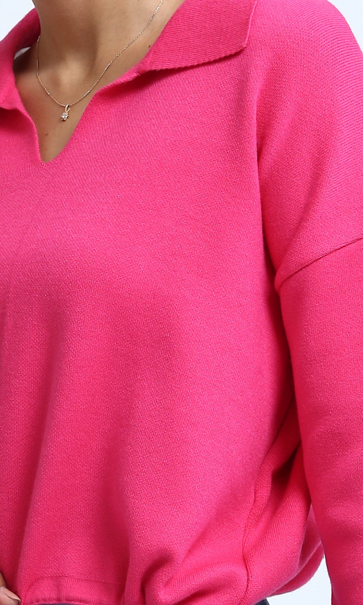 O200392 V-Neck Long Sleeves Solid Pullover - Fuchsia