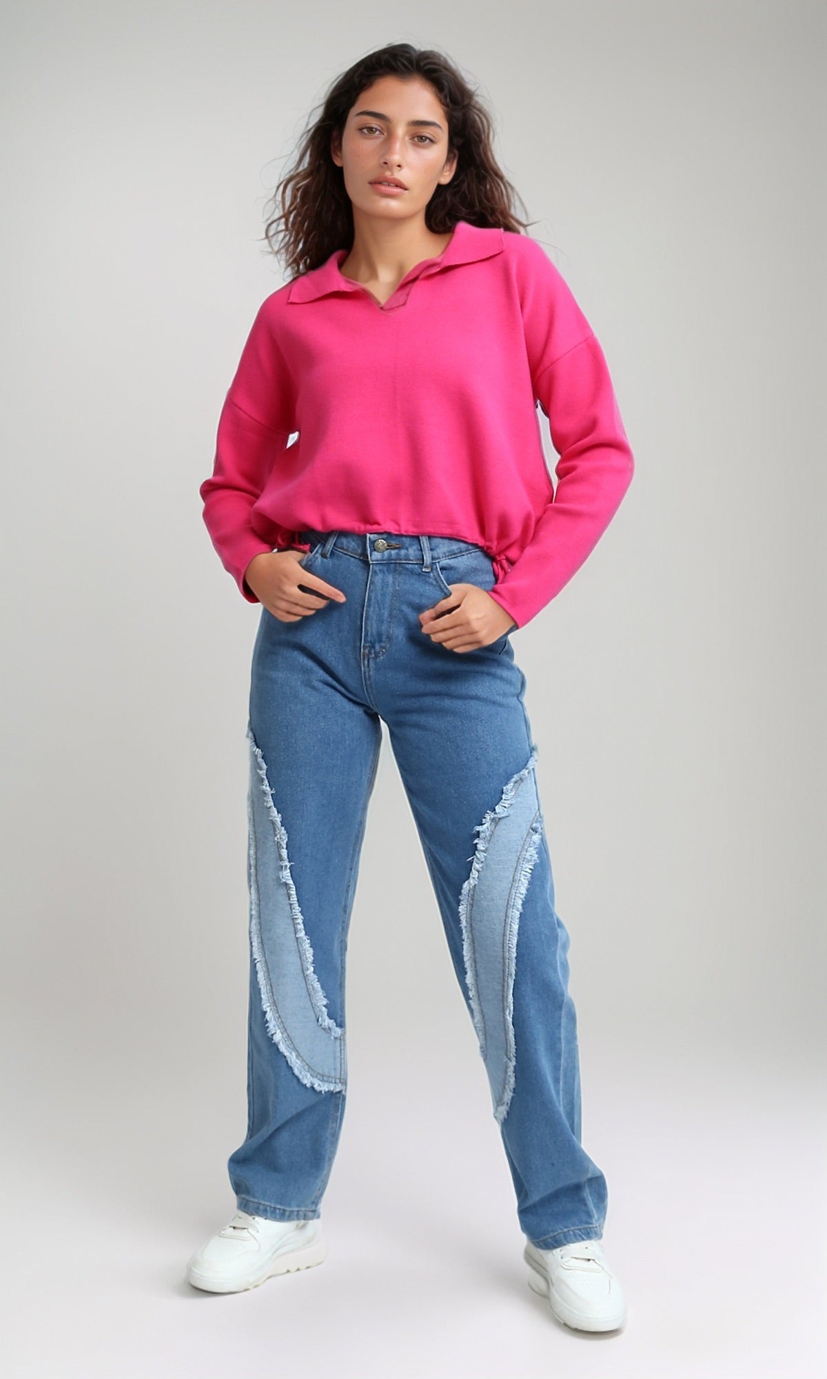 O200392 V-Neck Long Sleeves Solid Pullover - Fuchsia