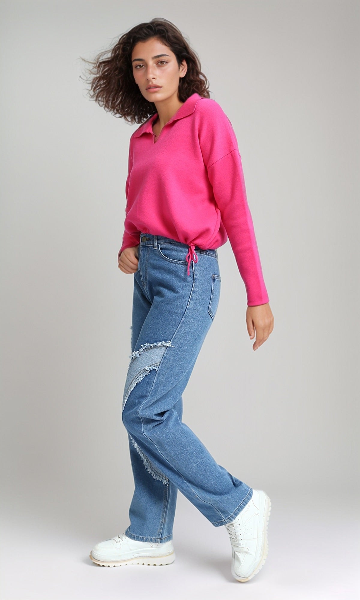 O200392 V-Neck Long Sleeves Solid Pullover - Fuchsia