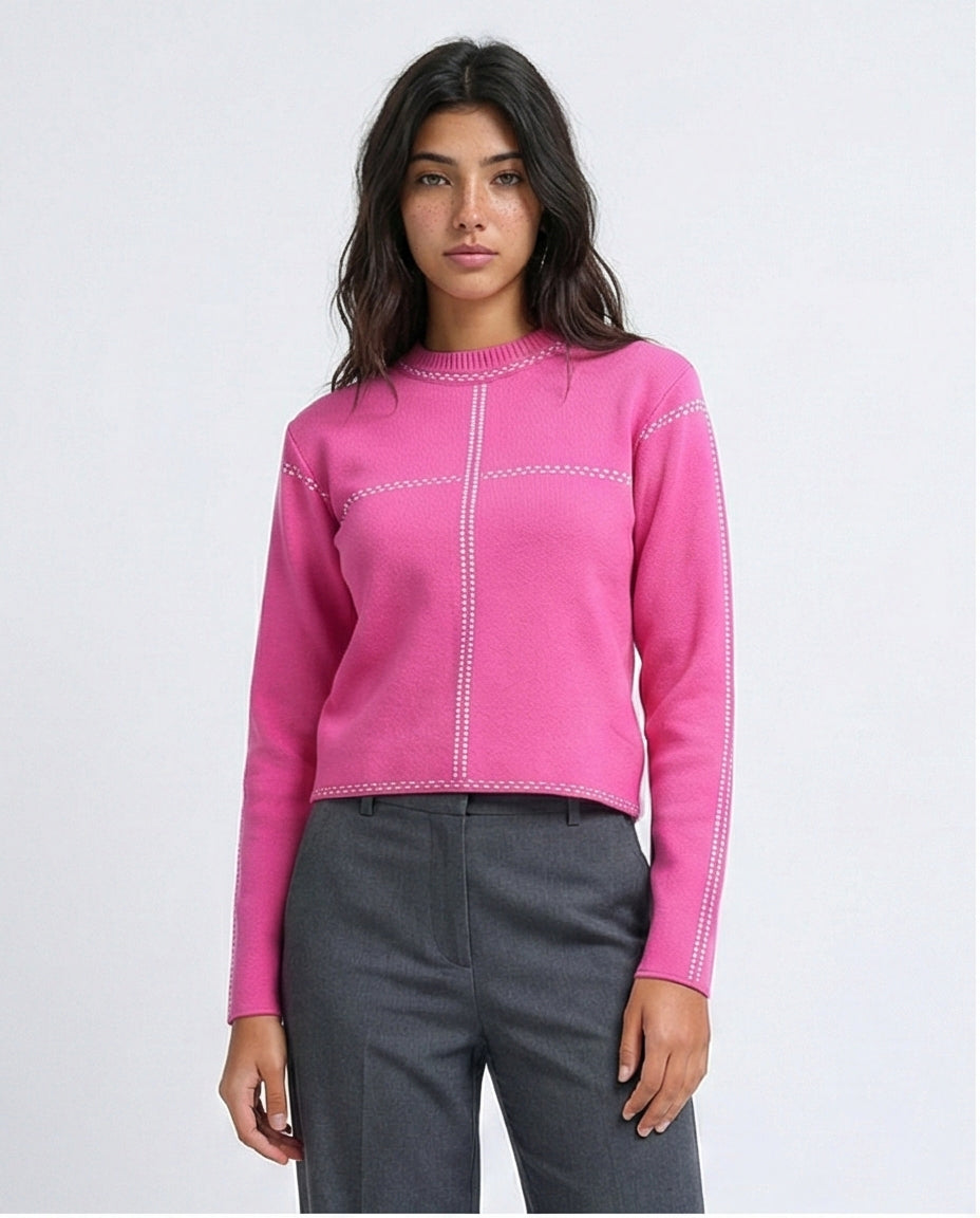 Vibrant Pink Contrast Stitch Knit Pullover - O200396