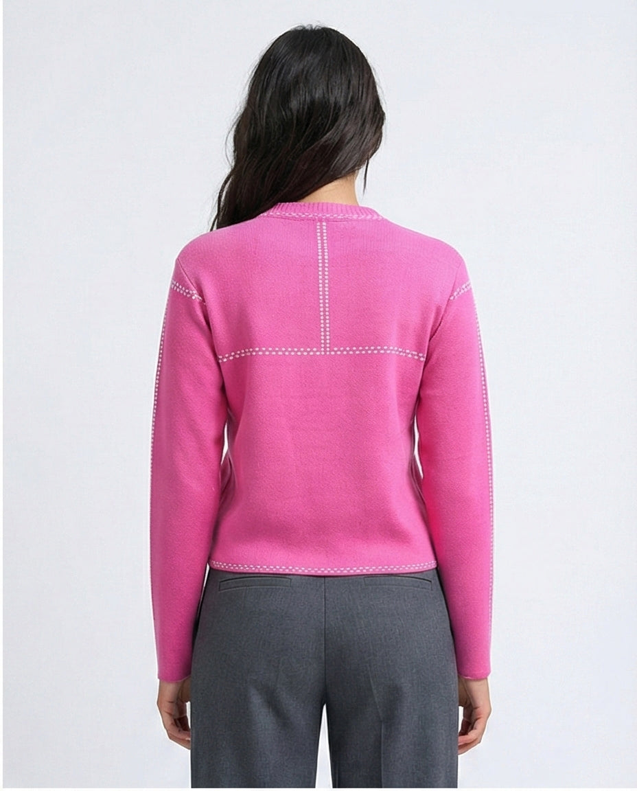 Vibrant Pink Contrast Stitch Knit Pullover - O200396