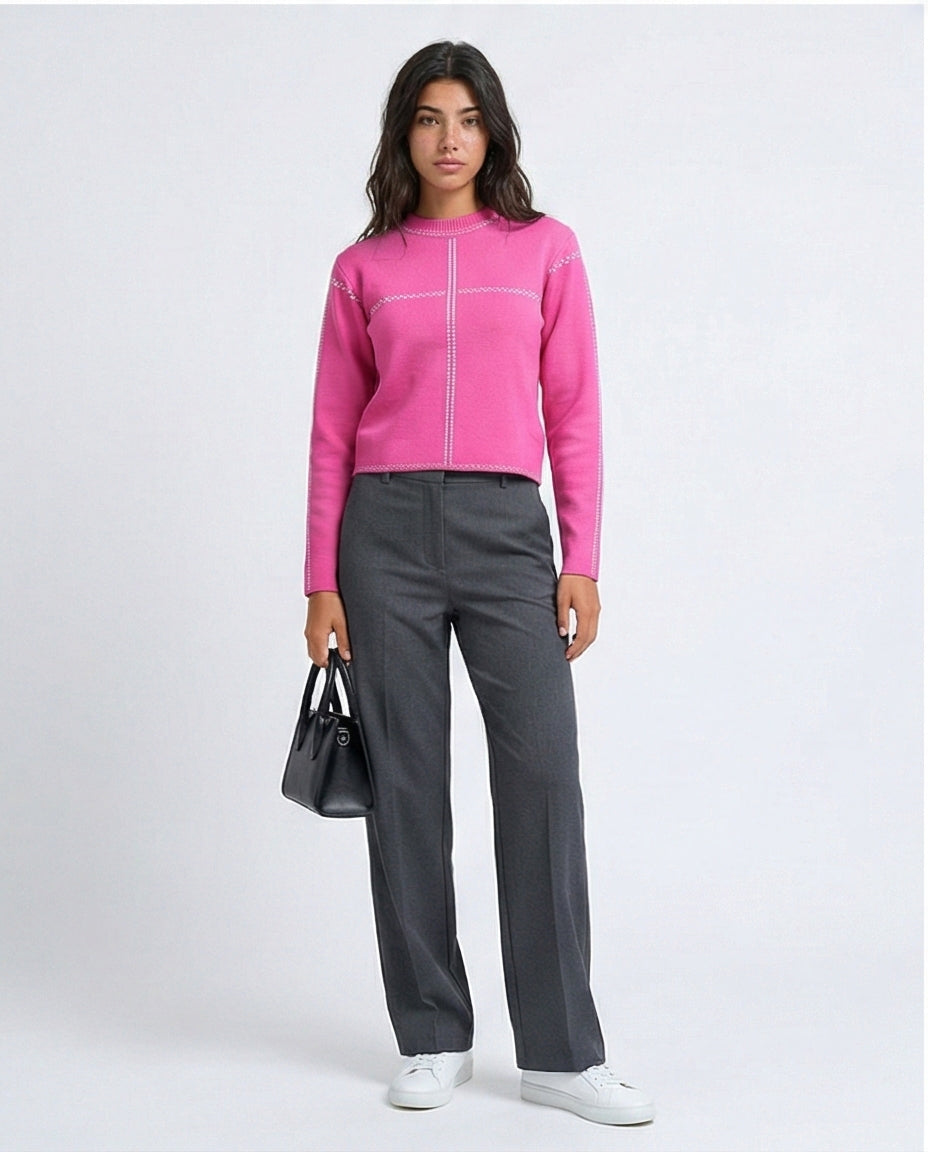 Vibrant Pink Contrast Stitch Knit Pullover - O200396