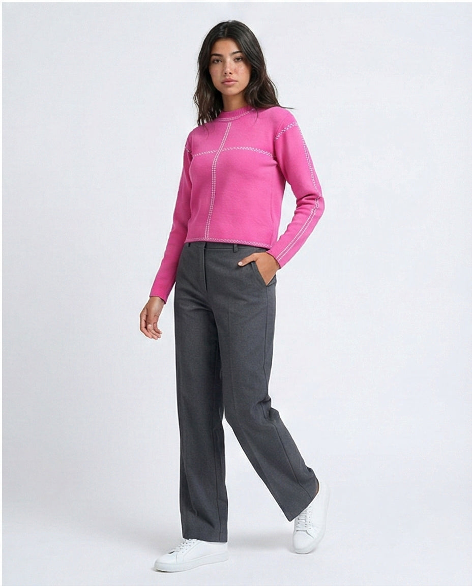 Vibrant Pink Contrast Stitch Knit Pullover - O200396