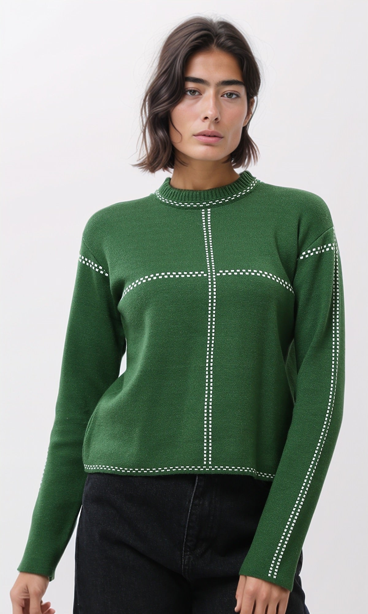 Forest Green Grid-Stitch Knit Pullover - O200397