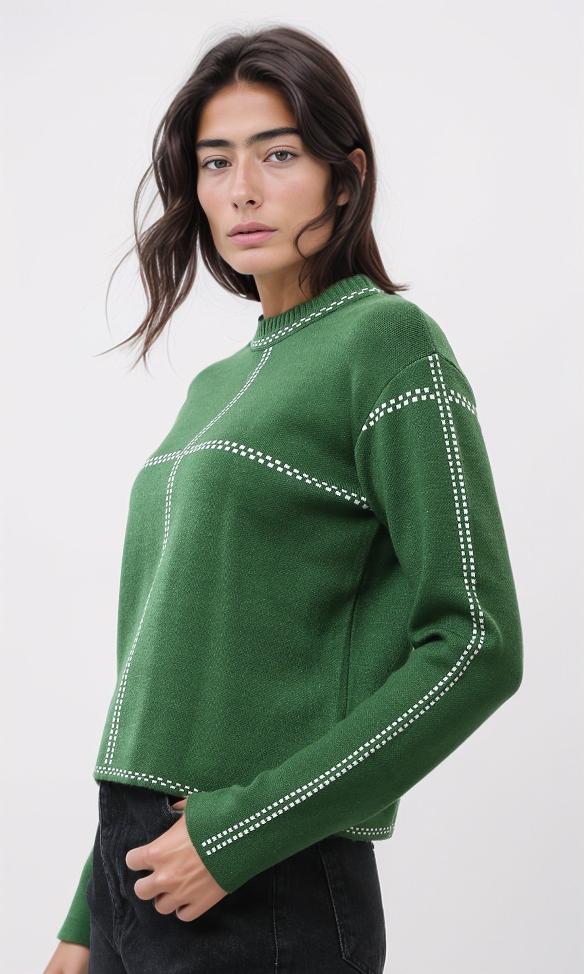 Forest Green Grid-Stitch Knit Pullover - O200397