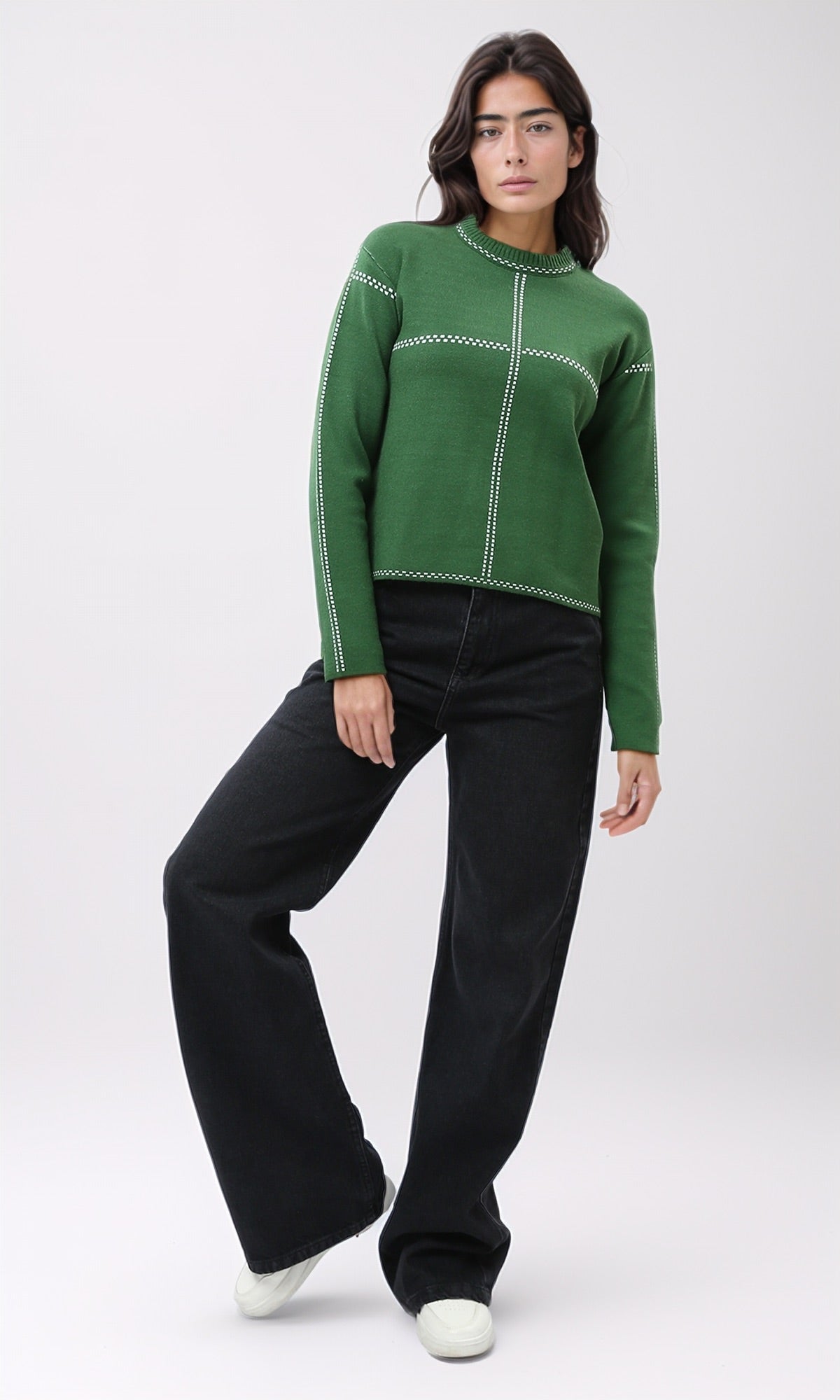 Forest Green Grid-Stitch Knit Pullover - O200397