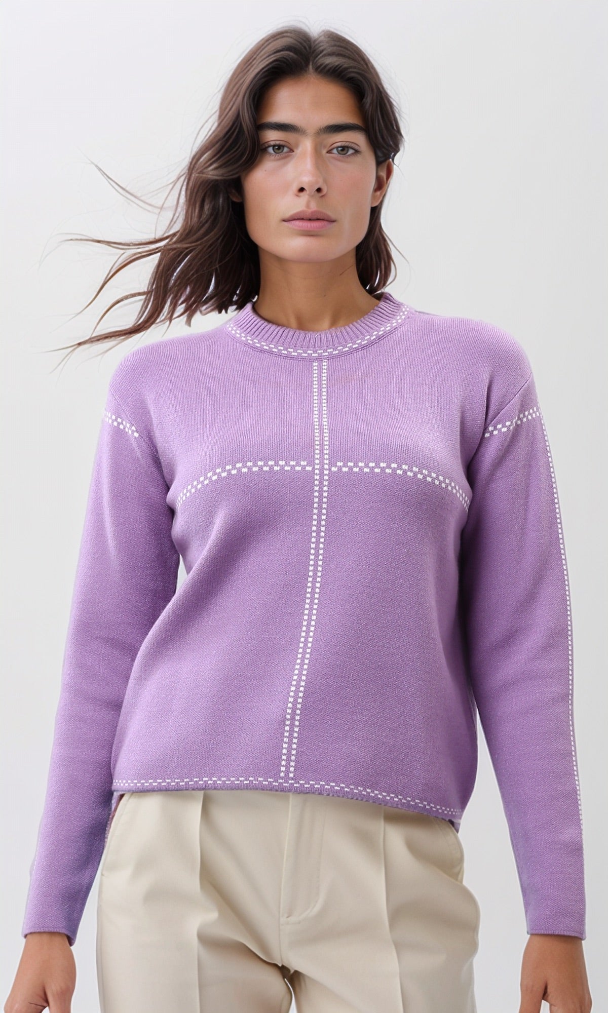 Lavender Stitched Grid Knit Pullover - O200398