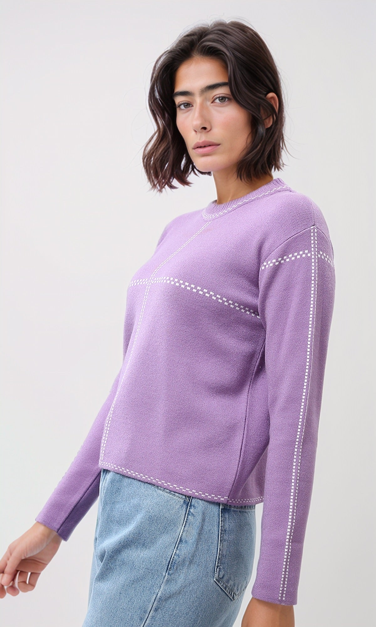 Lavender Stitched Grid Knit Pullover - O200398
