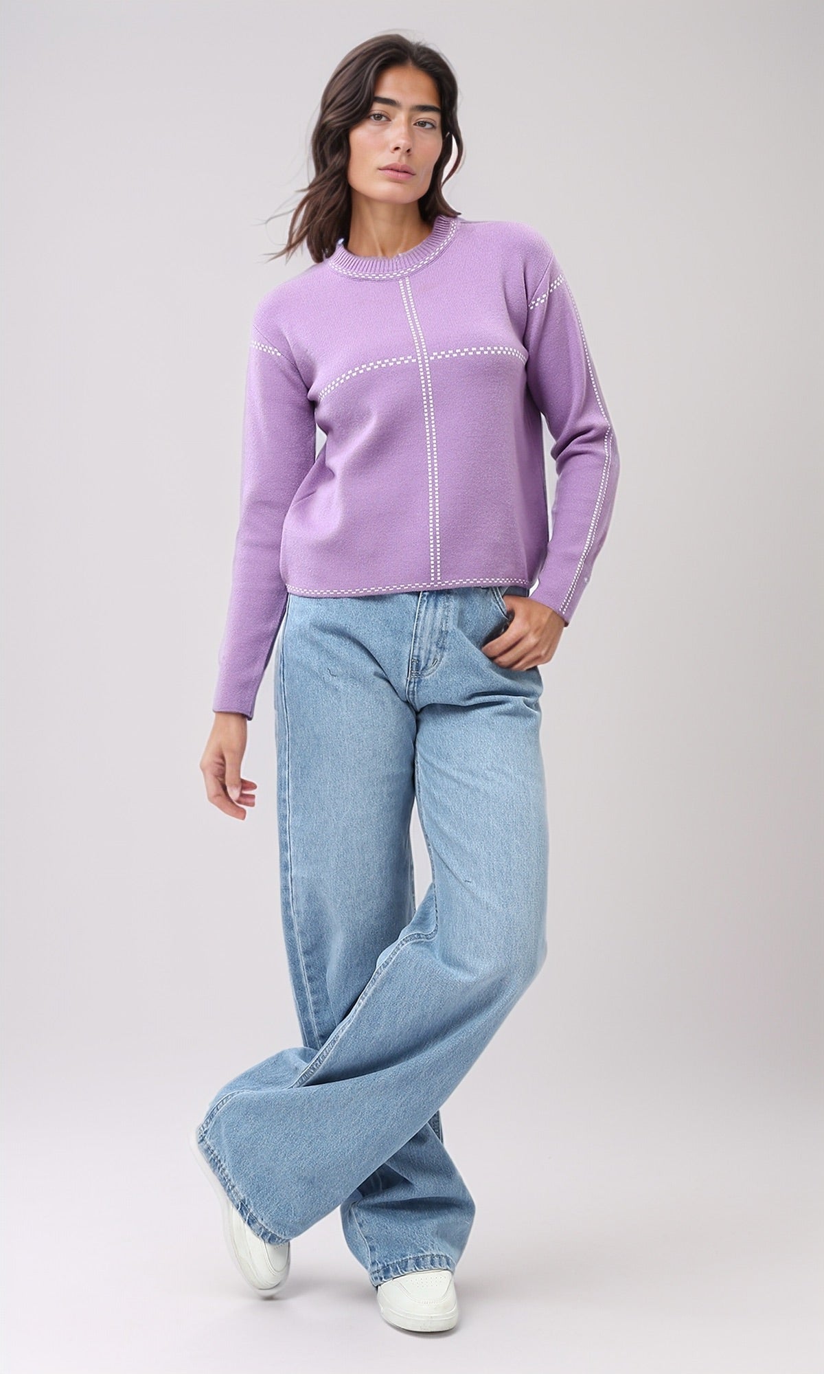 Lavender Stitched Grid Knit Pullover - O200398