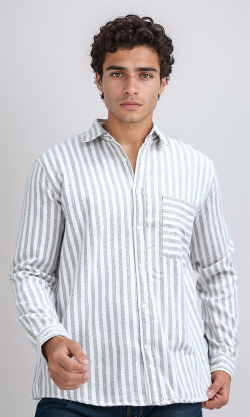 O200511 - Classic Collar Full Buttoned Striped Shirt - Brown & White