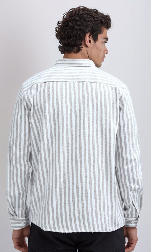 O200511 - Classic Collar Full Buttoned Striped Shirt - Brown & White
