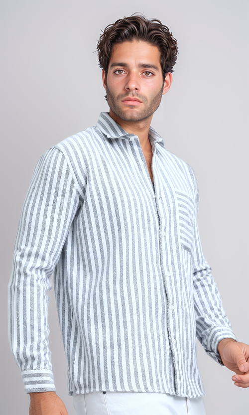 O200512 - Long Sleeve Stripes Shirt with Front Pocket - Grey & White
