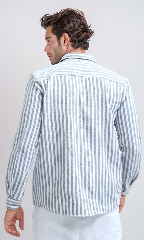 O200512 - Long Sleeve Stripes Shirt with Front Pocket - Grey & White