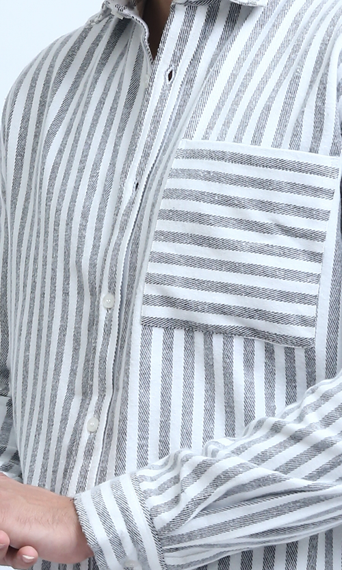 O200512 - Long Sleeve Stripes Shirt with Front Pocket - Grey & White