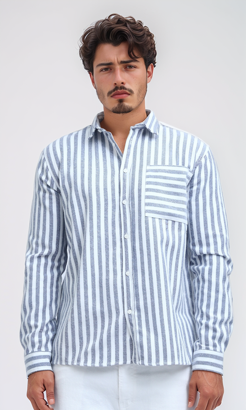 O200513 - Regular Fit Striped Casual Shirt - Navy Blue & White