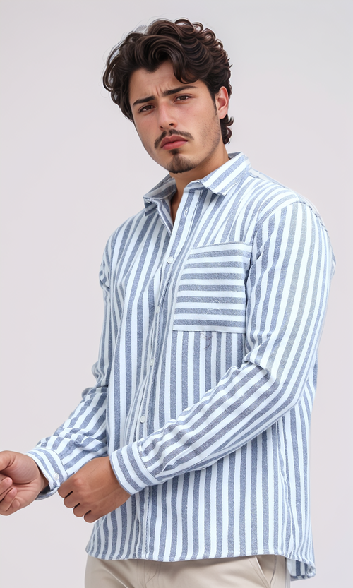 O200513 - Regular Fit Striped Casual Shirt - Navy Blue & White