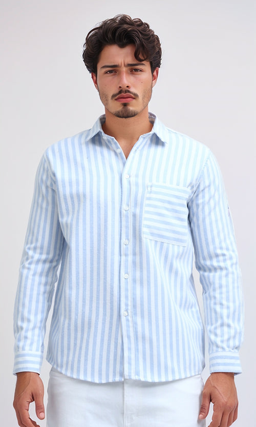 O200514 - Unique Long Sleeve Striped Shirt - Sky Blue & White